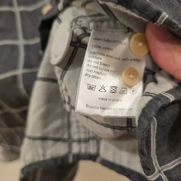 Folk Mens Windowpane Check Button Down Shirt Charcoal Grey Cotton Size 4 L - Picture 4 of 9